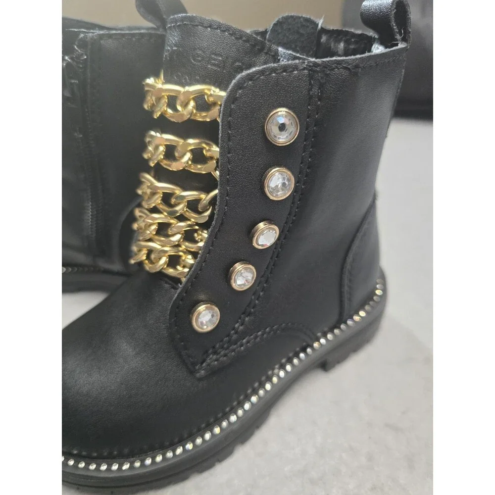 Kurt Geiger London Mini Bax Girls Black Leather Chain Combat Boots Size 7 NWT